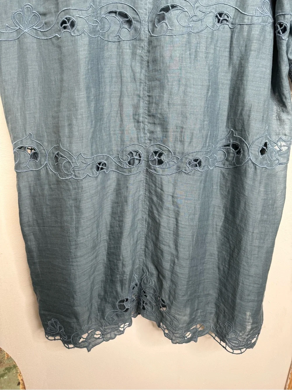 Sundance Blue Gray Embroidered Ramie Shift Dress XXL Boho Cutwork Lace Feminine